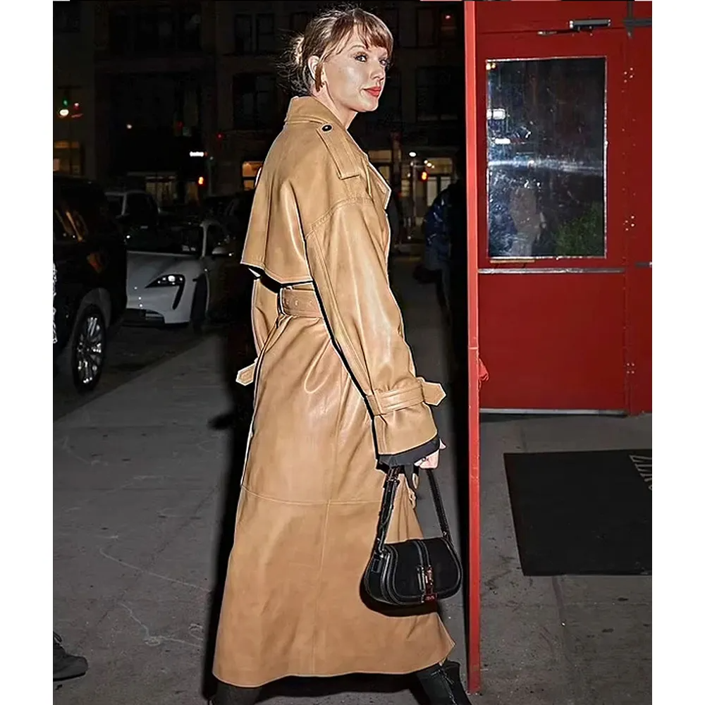 Brown Genuine Leather Double-Breasted Belted Trench Coat