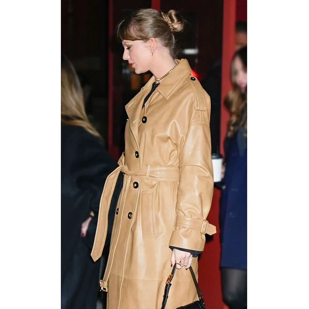 Brown Genuine Leather Double-Breasted Belted Trench Coat
