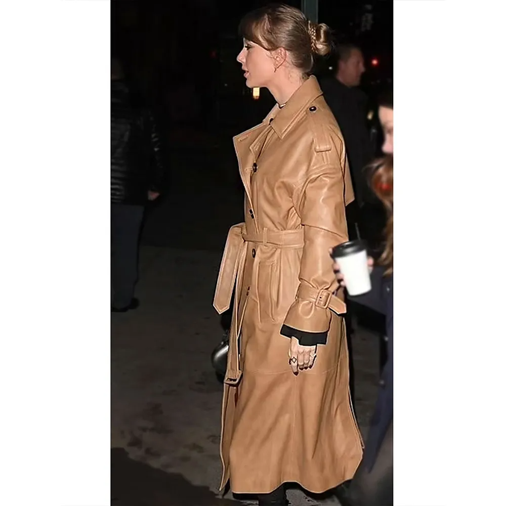 Brown Genuine Leather Double-Breasted Belted Trench Coat