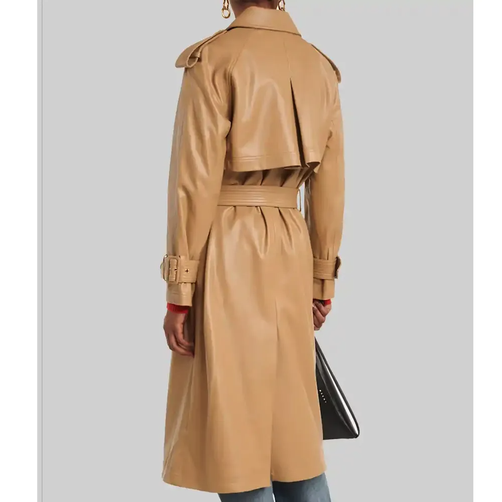 Brown Genuine Leather Double-Breasted Belted Trench Coat