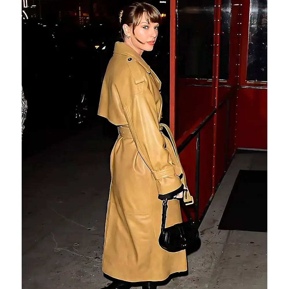 Brown Genuine Leather Double-Breasted Belted Trench Coat