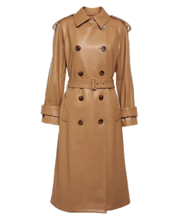 Brown Genuine Leather Double-Breasted Belted Trench Coat
