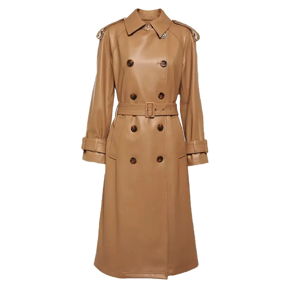 Brown Genuine Leather Double-Breasted Belted Trench Coat