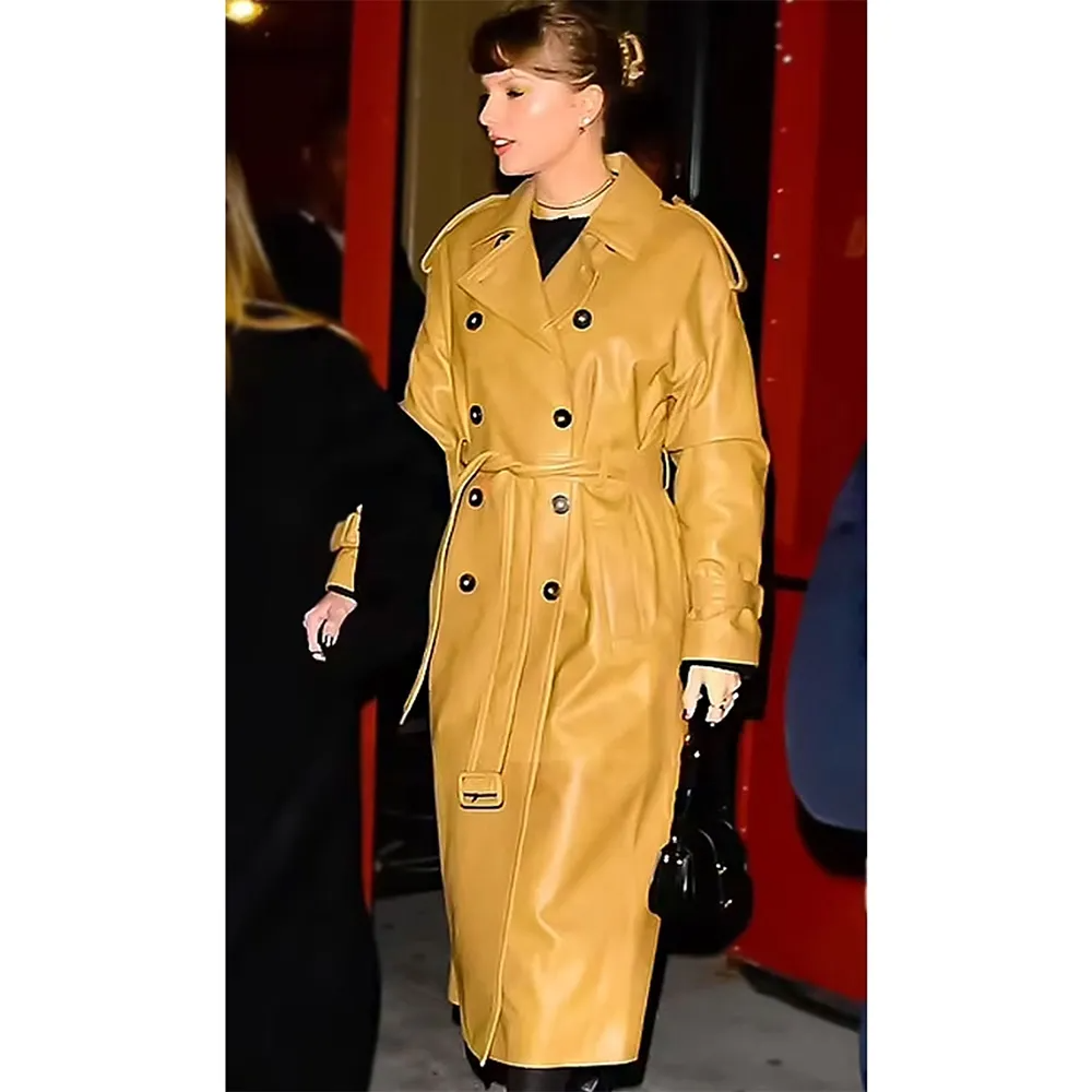 Brown Genuine Leather Double-Breasted Belted Trench Coat