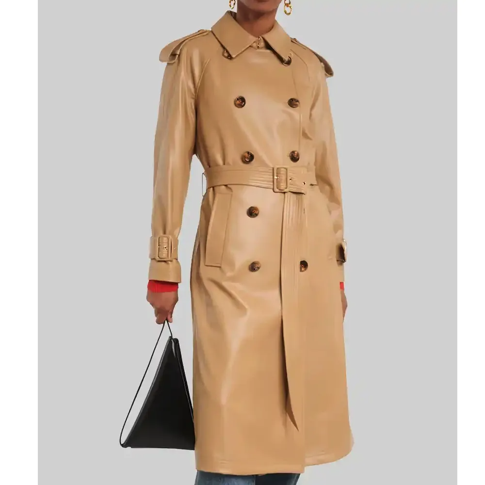 Brown Genuine Leather Double-Breasted Belted Trench Coat