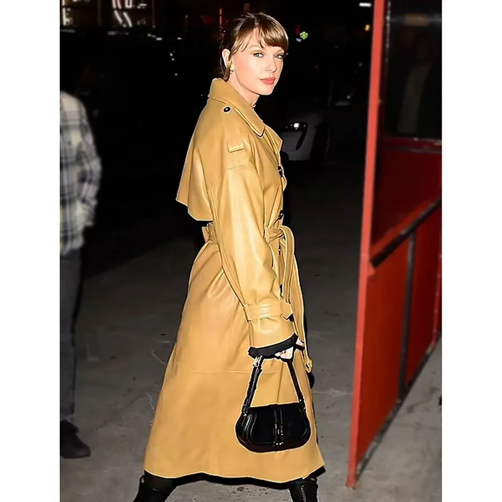 Brown Genuine Leather Double-Breasted Belted Trench Coat