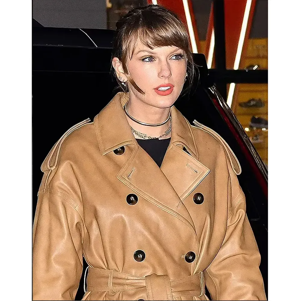 Brown Genuine Leather Double-Breasted Belted Trench Coat