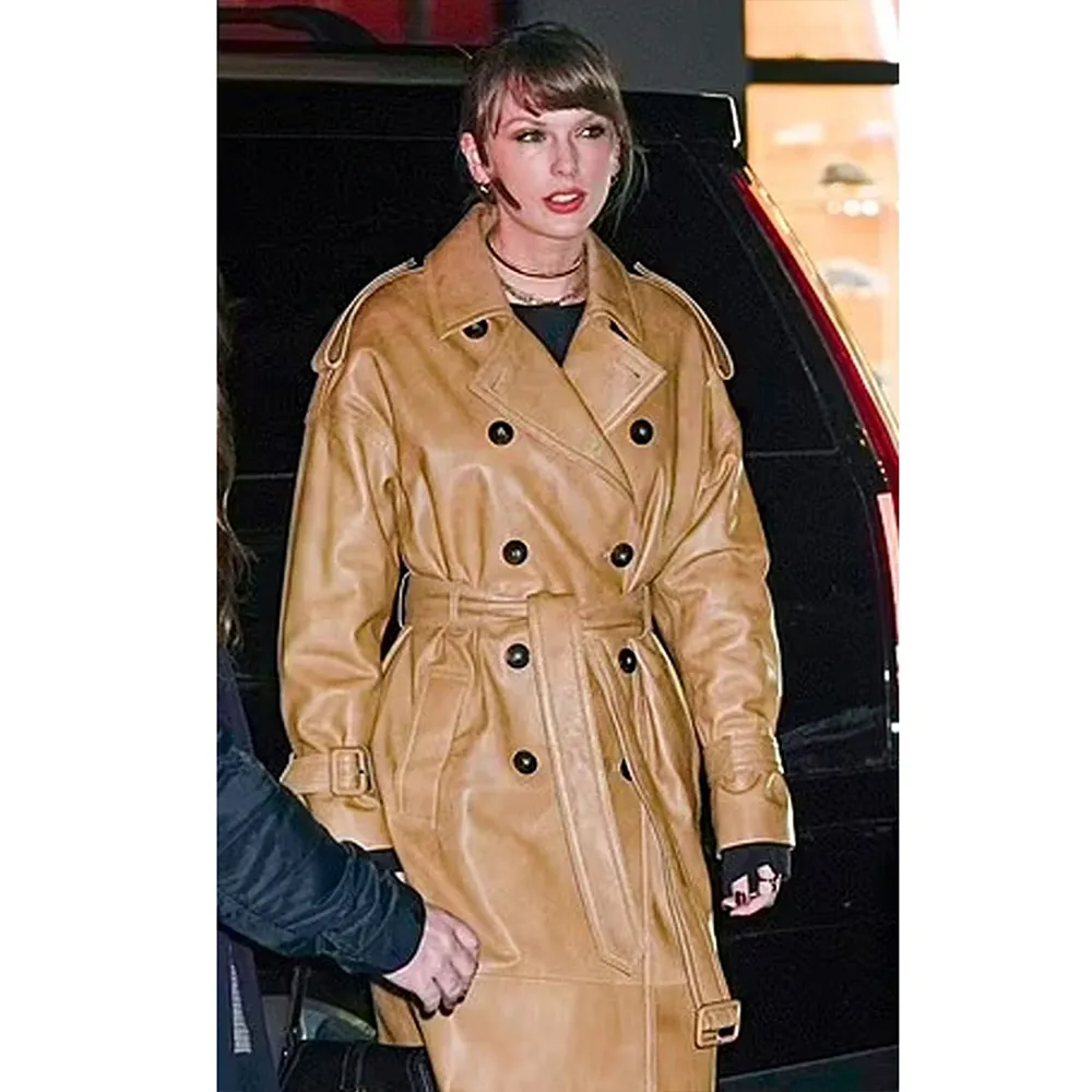 Brown Genuine Leather Double-Breasted Belted Trench Coat