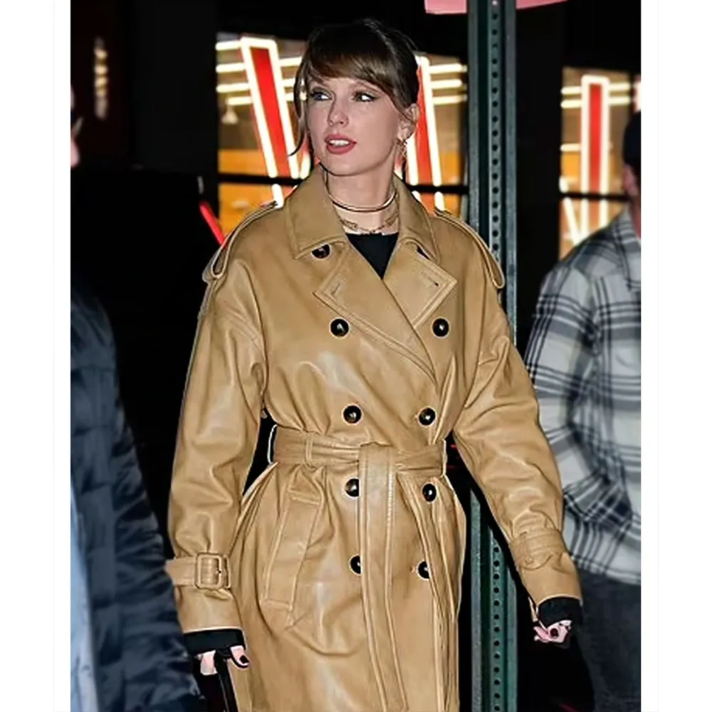 Brown Genuine Leather Double-Breasted Belted Trench Coat