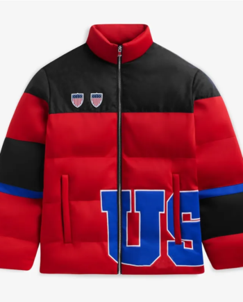 Red Polyester Full-Zip Puffer Hooded Jacket