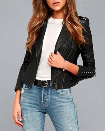 Black Genuine Leather Double Zip Lapel Studded Jacket