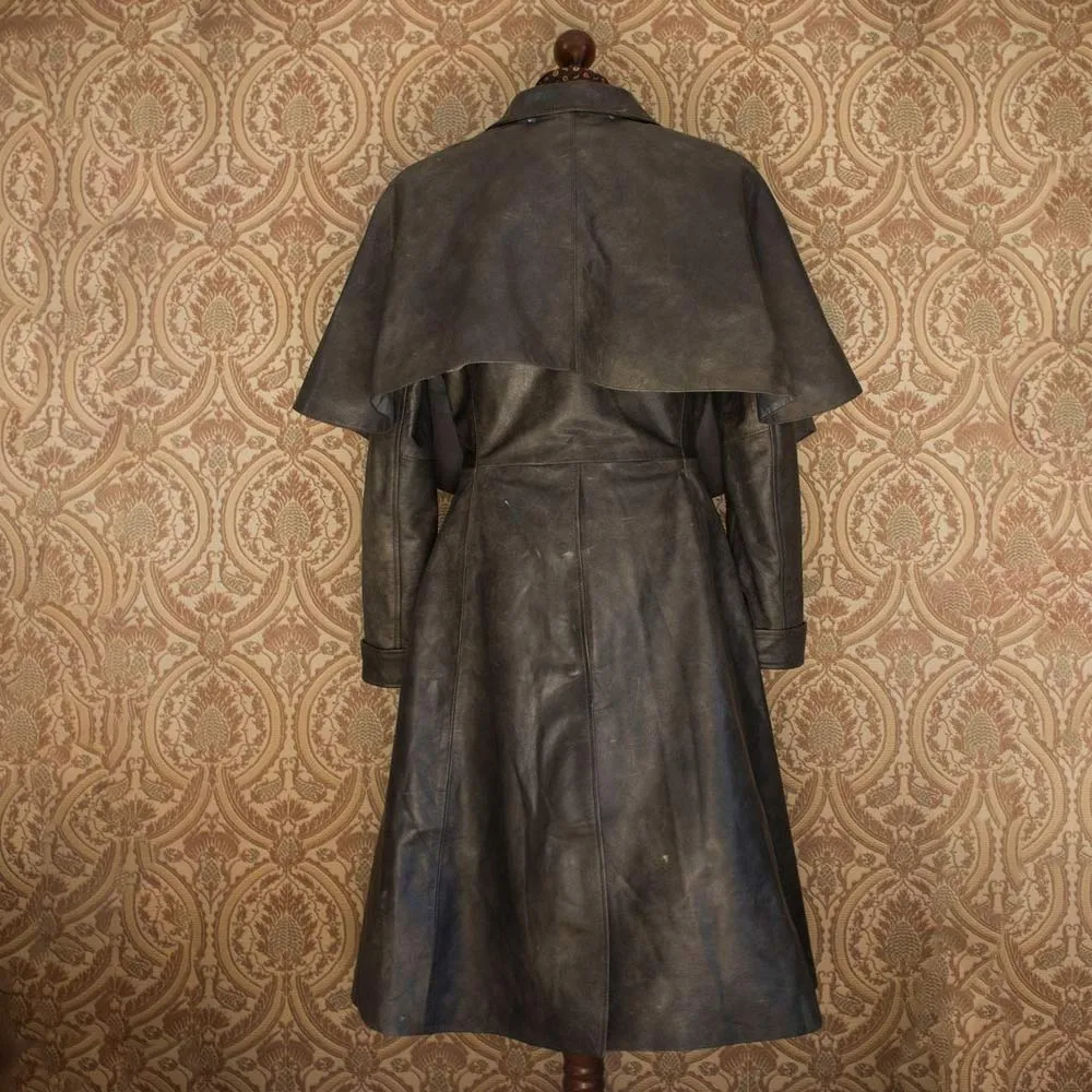 Black Genuine Leather Half Cape Lapel Collar Coat