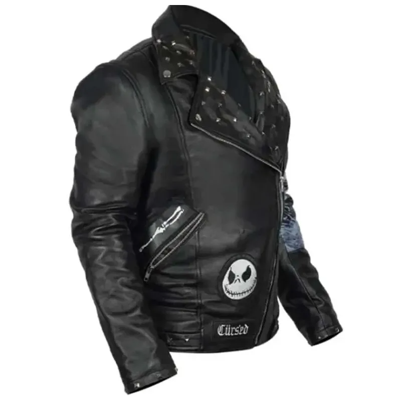 Black Genuine Leather Studded Notch Lapel Zip Jacket