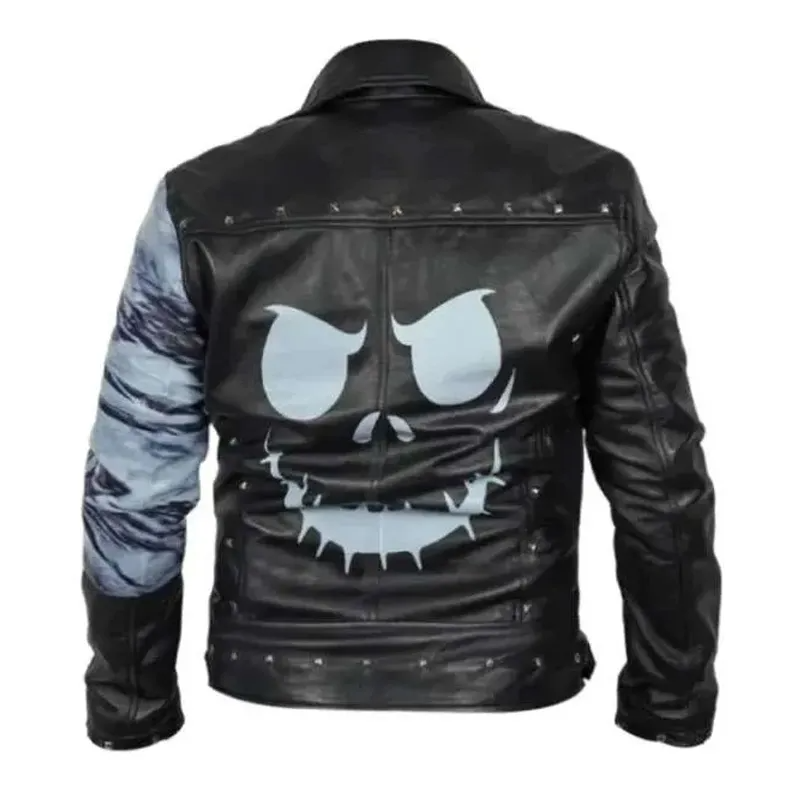 Black Genuine Leather Studded Notch Lapel Zip Jacket