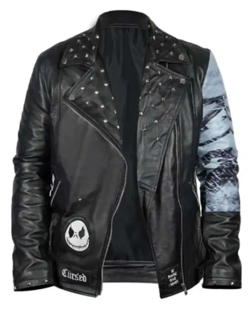 Black Genuine Leather Studded Notch Lapel Zip Jacket