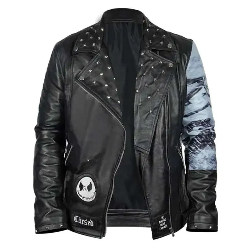 Black Genuine Leather Studded Notch Lapel Zip Jacket