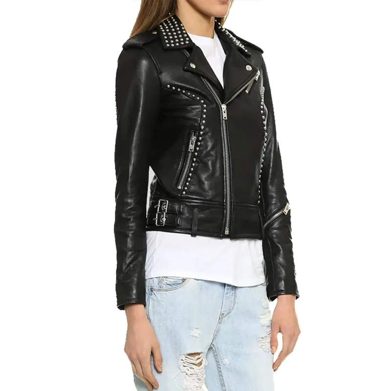 Black Genuine Leather Studded Lapel Zipper Jacket