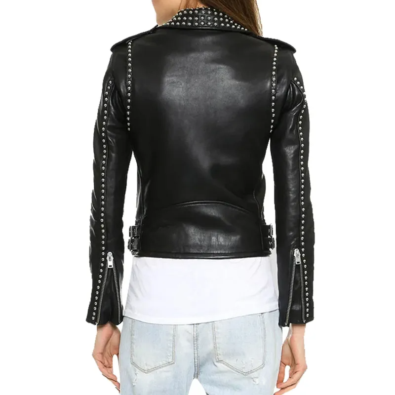 Black Genuine Leather Studded Lapel Zipper Jacket