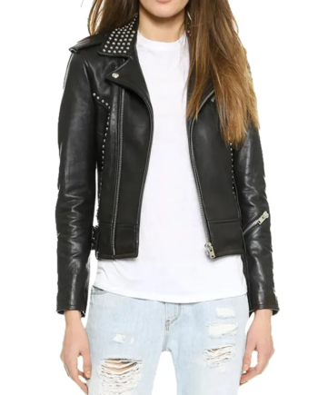 Black Genuine Leather Studded Lapel Zipper Jacket