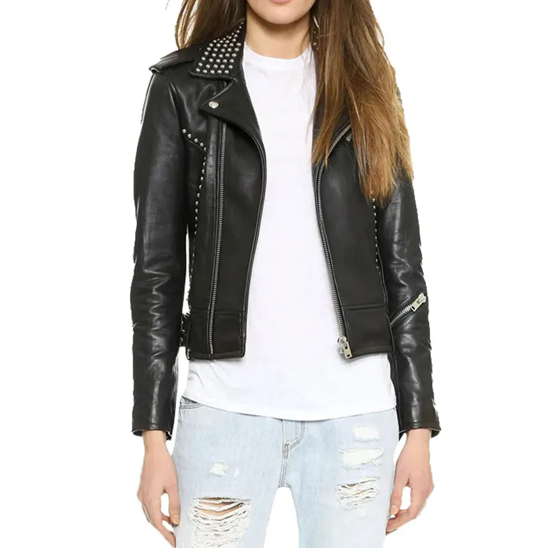 Black Genuine Leather Studded Lapel Zipper Jacket