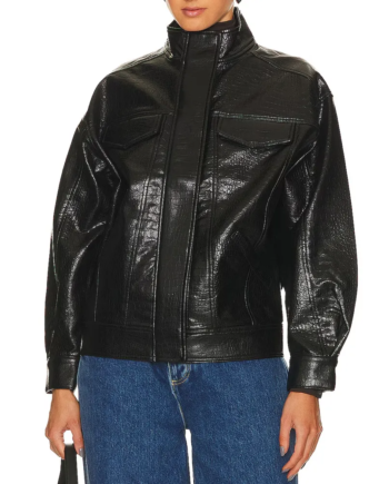Black Faux Leather Bomber Jacket