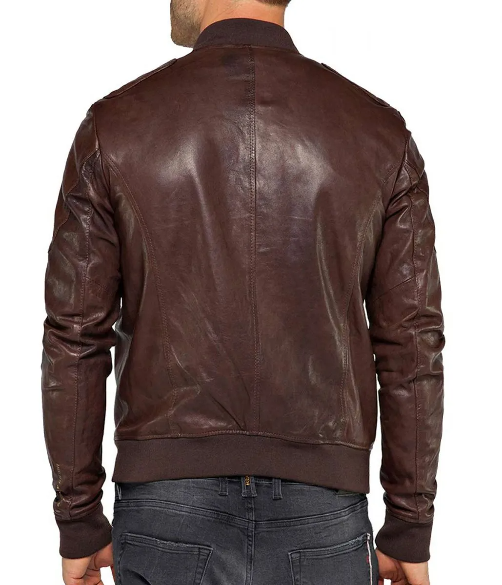 Brown Genuine Leather Bomber Jacket