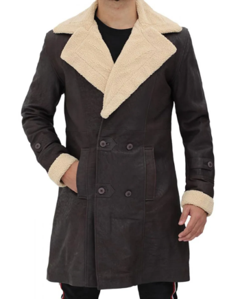 Black Genuine Leather Fur Collar Shearling Coat
