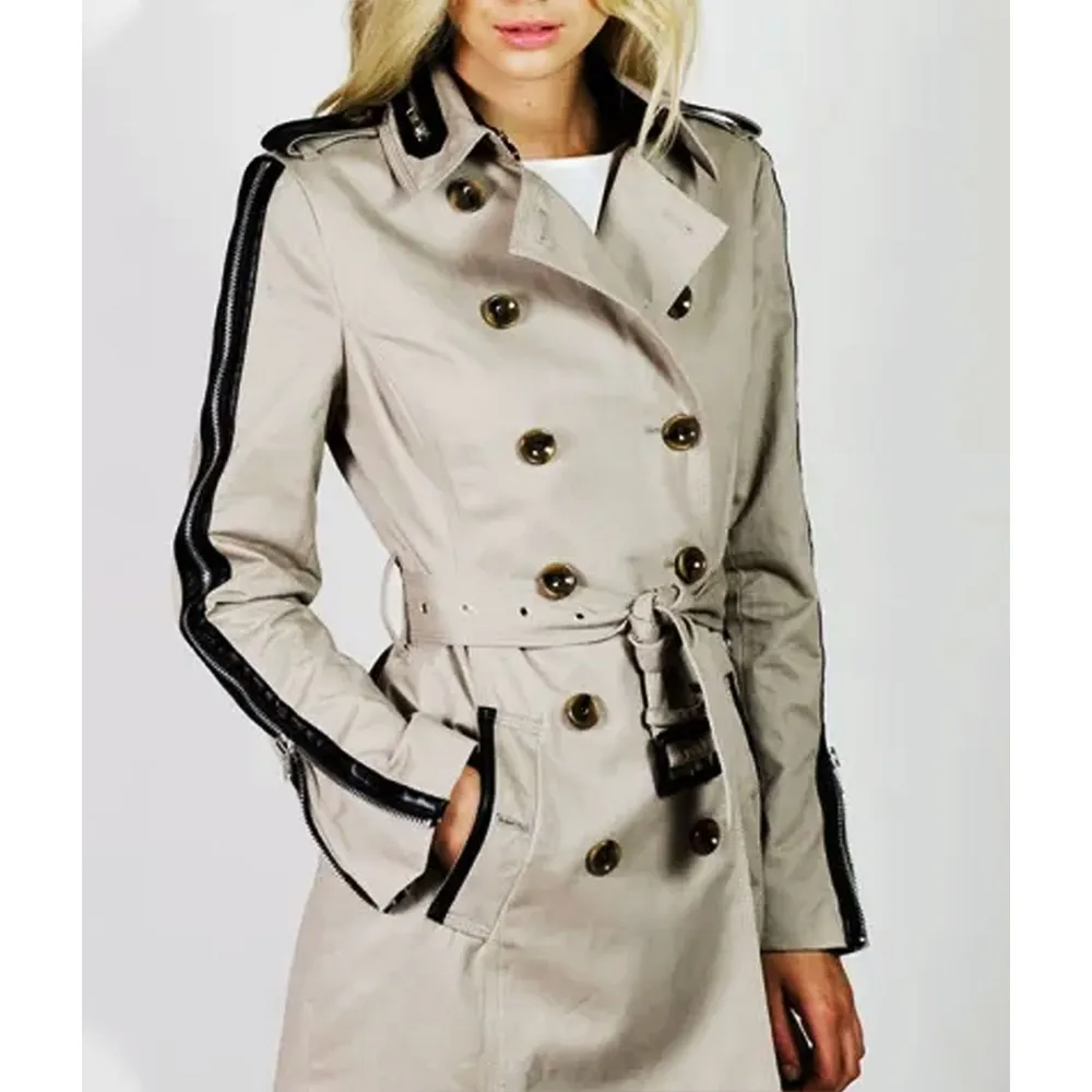 Gray Cotton Double-Breasted Lapel Trench Coat