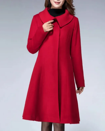 Red Wool Shirt Collar Snap-Tab Long Coat
